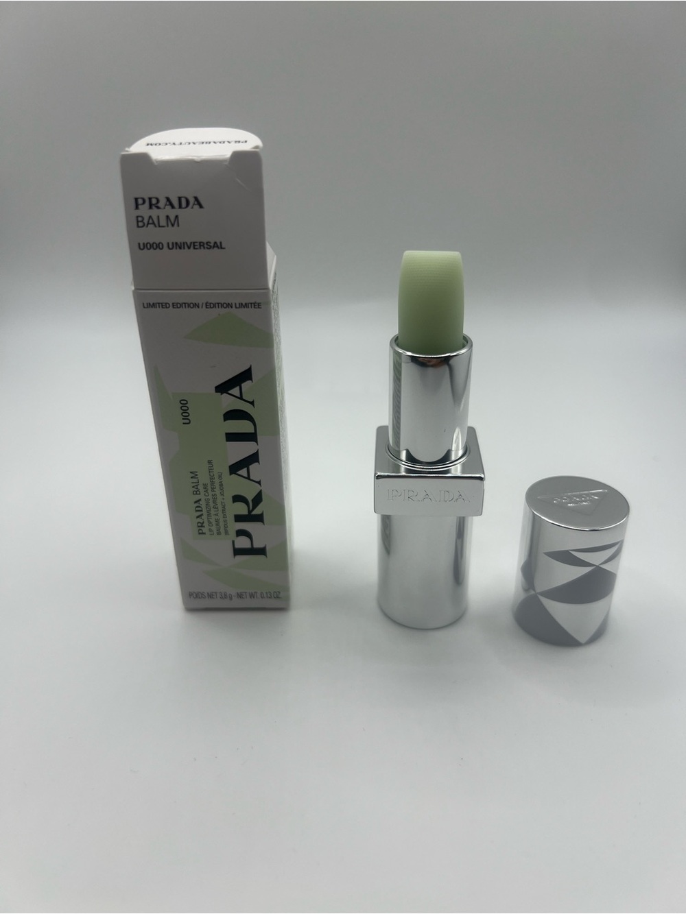Prada Lip Balm U000 Universal in Pale Green with Silver Case